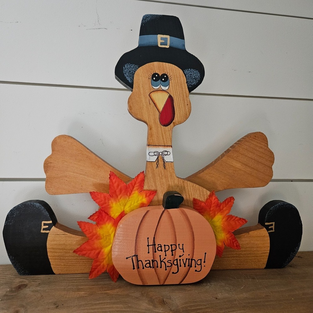 Vintage Wooden Thanksgiving Turkey Decor Pilgrim Fall Harvest Table Centerpiece